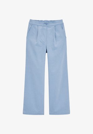 Šviesiai mėlyni, platūs kelnės, pagamintos iš minkštos medžiagos. Yra dvi priekines kišenes, užsegimas mygtuku ir raukšlėtas detalės ties juosmeniu.