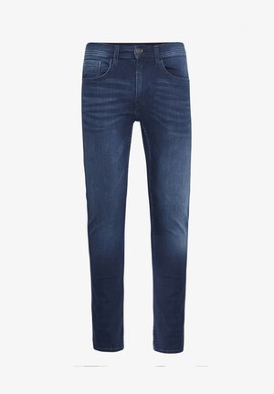 Jeans in denim blu scuro con una vestibilità slim, cinque tasche e una leggera scoloritura. Presentano una chiusura con bottone standard e un taglio dritto.