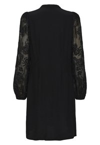 Black knee-length dress with sheer long sleeves featuring floral lace embroidery and elastic cuffs, viewed from the back.