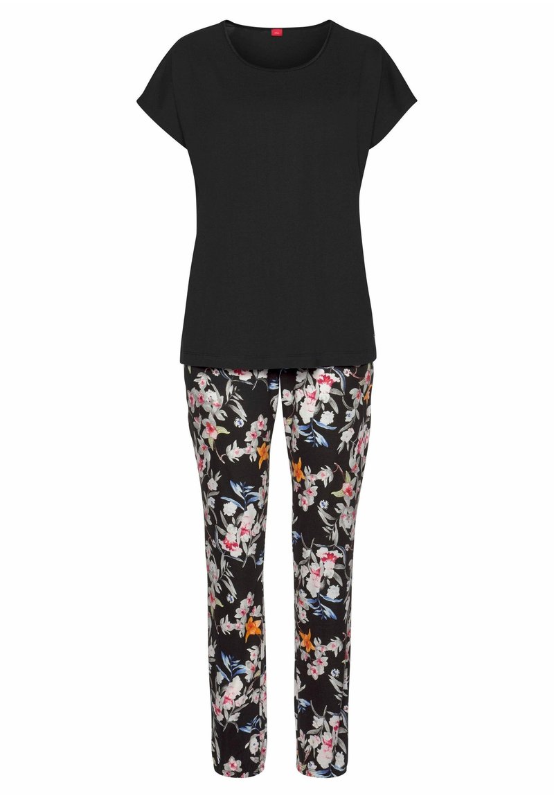 Black short-sleeve top with a round neckline paired with floral-patterned trousers featuring multicolored flowers on a black background.