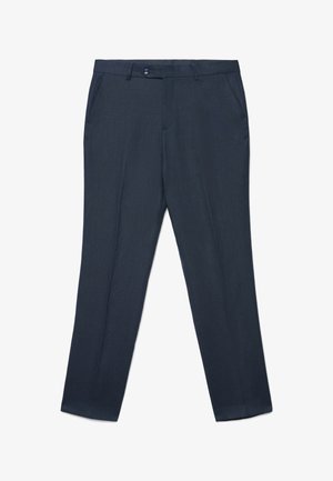 Dunkel marineblaue, formelle Hose mit Gürtelschlaufen, vorderer Knopfverschluss, Seitentaschen und schlanker, maßgeschneiderter Passform.