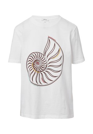 Weißes Baumwoll-T-Shirt mit einem grafischen Aufdruck einer braunen Spiralkapsschnecke, umgeben von mehrfarbigen Linien in Rot, Gelb und Blau. Klassischer Rundhalsausschnitt.
