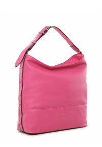 Borsa in pelle rosa con un design morbido, texture liscia e hardware dorato. Presenta una larga tracolla e dettagli con bottoni laterali.