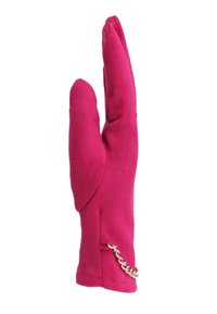 Guanto di tessuto fucsia con una texture morbida, caratterizzato da un accento a catena sul polso. Progettato con tre scomparti per le dita e finitura liscia.