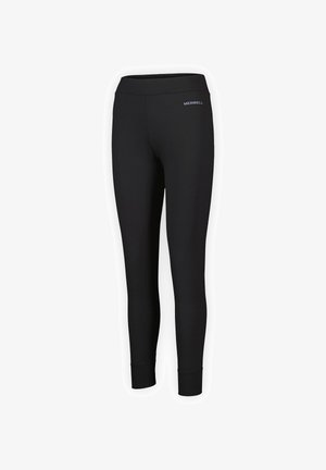 Black leggings made of stretchy fabric, featuring a high waistband and tight fit. Subtle logo detail near the waistband.