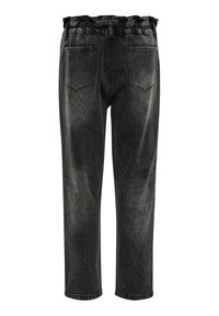 Jean en denim noir avec une taille froncée, coupe droite et deux poches arrière. A une décoloration et une texture lisse.