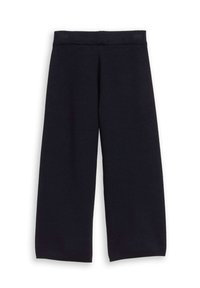 Marineblauwe katoenen culottes met een wijd uitlopende pasvorm en een elastische tailleband. Zachte textuur zonder zichtbaar patroon, met schone randen en zomen.