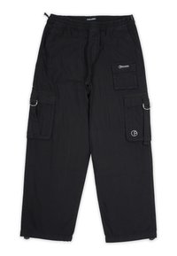 Black cargo pants with an elastic waistband, side pockets, front pockets, and ring hardware detail. Made from a lightweight, durable fabric.