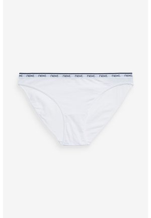 Białe bawełniane figi bikini z granatowym elastycznym pasem w powtarzający się wzór z napisem "next". Miękka faktura i klasyczny design.
