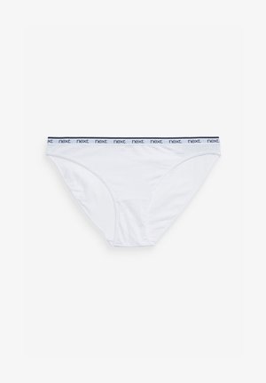 Slips bikini in cotone bianco con una vita elastica blu navy che presenta un motivo di testo "next" ripetuto. Texture morbida e design classico.