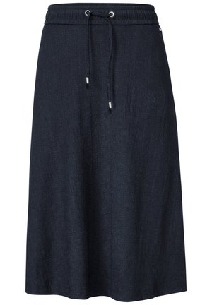 Tumman farkkukankaan hame, jossa on nyöri vyötäröllä. Hameessa on teksturoitu pinta ja midi-pituus. Taskuja ei ole näkyvissä.