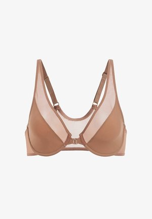 Nude draadloze bh met gladde cups, verstelbare bandjes en een mesh achterkant. Voorzien van een haak- en oogsluiting aan de voorkant in het midden.