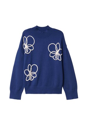 Maglione blu royal con scollatura e polsini a coste, caratterizzato da ricami bianchi di fiori sulla parte anteriore. Morbido tessuto a maglia.