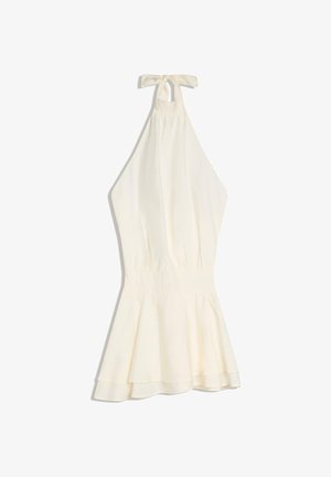 Rochie crem cu guler halter, talie strânsă și fustă mini evazată cu detaliu stratificat.