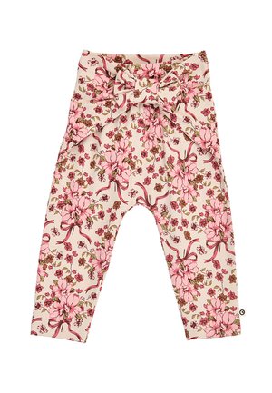 Babyleggings med lyserødt og brunt blomster- og båndmønster samt en stor sløjfe i taljen på beige baggrund.