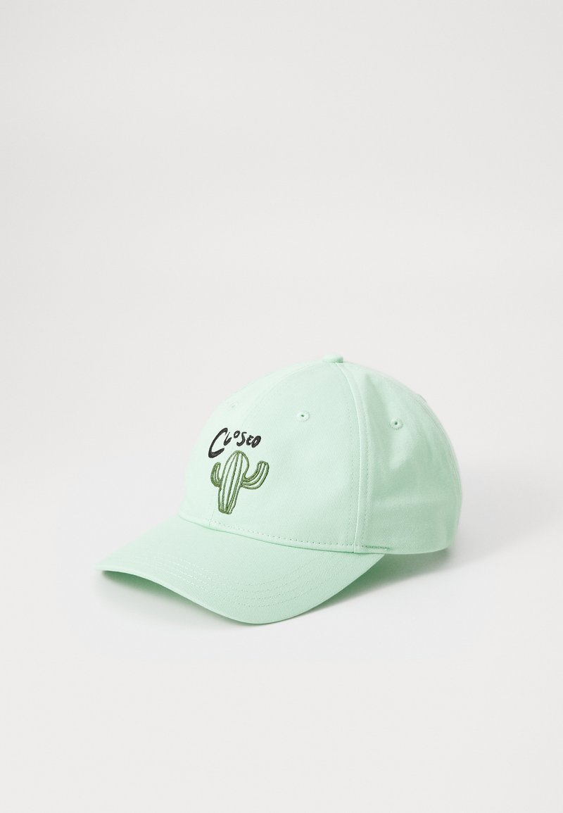 Mint green cotton baseball cap featuring a cactus embroidery design and text. Curved brim and six ventilation holes on the crown.