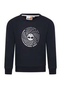 Felpa navy con maniche lunghe, polsini e orlo a costine. Presenta un logo grafico circolare bianco di Timberland sulla parte anteriore.