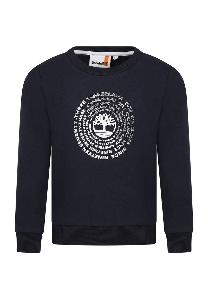 Felpa navy con maniche lunghe, polsini e orlo a costine. Presenta un logo grafico circolare bianco di Timberland sulla parte anteriore.