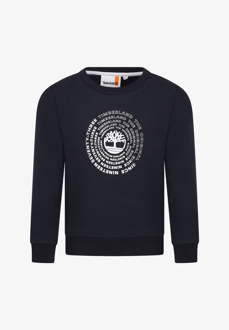 Navyblå sweatshirt med långa ärmar, ribbade muddar och nederkant. Har en vit cirkulär Timberland logotyp på framsidan.