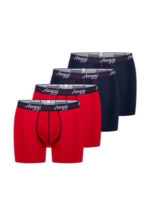 Four men's boxer briefs in alternating red and navy blue, each with a black waistband featuring white "Sloggi" branding.