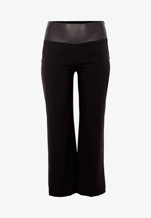 Schwarze weite Hosen mit einem glatten schwarzen Lederbund, die über ein maßgeschneidertes Design und eine weiche Textur verfügen und sich für verschiedene Anlässe eignen.