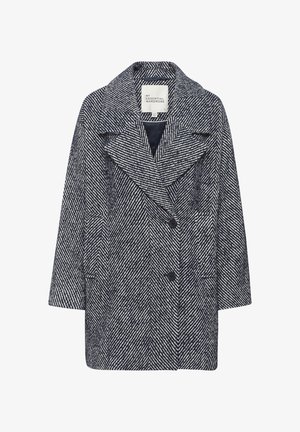 Cappotto da donna in lana a spina di pesce blu navy e bianco, con ampi risvolti e due bottoni frontali.