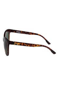 Aurinkolasit kilpikonnakuosisella kehysrakenteella, joissa on tummat linssit, paksut kehykset ja nenäliinat. Brändäys näkyvissä sivulla, joka korostuu kiiltävällä pinnalla.