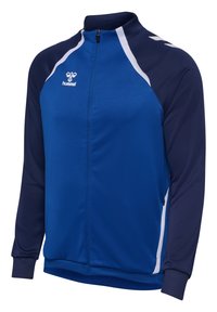 Veste de sport bleue et marine avec une fermeture éclair à l'avant, un col montant, des manches longues, des bandes blanches en accent, et un logo sur la poitrine.