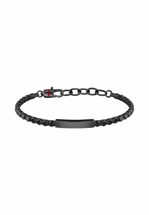 Bracciale nero con un design a catena che presenta perle nere lucide, un elegante accento rettangolare centrale e una chiusura con un dettaglio rosso.