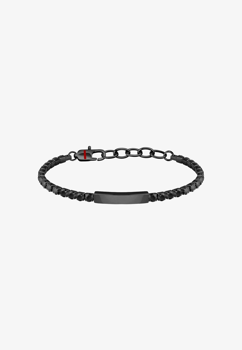 Bracciale nero con un design a catena che presenta perle nere lucide, un elegante accento rettangolare centrale e una chiusura con un dettaglio rosso.