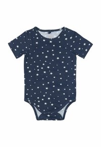 Mörkblå bodysuit med korta ärmar, prydd med ett vitt stjärnmönster. Tillverkad av mjukt tyg, innehåller knäppningar i botten för enkelt påklädande.