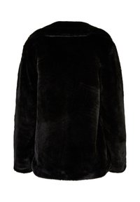 Veste noire en fausse fourrure à manches longues avec col, vue de dos sur fond blanc.