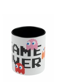 Mug in ceramica bianca con interno nero, decorato con fantasmi pixelati e testo "GAME OVER" in grassetto nero, creando un tema di gioco retro.