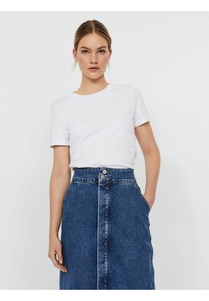 White short-sleeve t-shirt paired with a high-waisted blue denim skirt featuring a front button closure and side pockets. Smooth texture.
