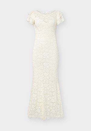 Weißes Midikleid aus floraler Spitze mit kurzen Ärmeln, tailliertem Bund und ausgestelltem Saum auf einfarbigem Hintergrund.