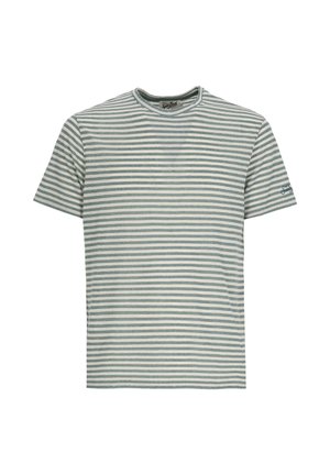 T-shirt a maniche corte con scollo tondo, a righe orizzontali sottili verdi e bianche e piccolo logo ricamato sulla manica sinistra.