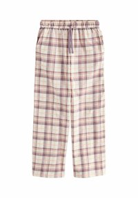 Elastic waist plaid pants in cream, pink, and purple tones with side pockets and a drawstring tie.