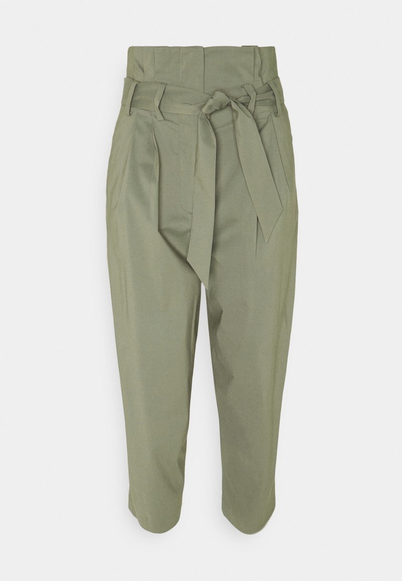 Olive green, high-waisted trousers with a tie belt, featuring pleats, side pockets, and a cropped cut, made of smooth cotton fabric.