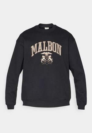 Melnā džemperis ar garām piedurknēm, ar teksturētu zeltītu izšuvumu, kurā ir redzams ‘‘MALBON’’ un ģerbonis centra daļā. Ribota apkakle un piedurknes.