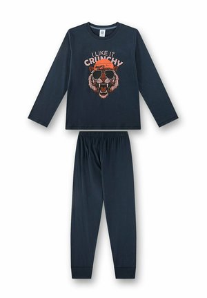 Completo blu scuro con maglia a maniche lunghe e pantaloni con una tigre ruggente che indossa occhiali da sole e il testo "I like it crunchy" sulla maglia.