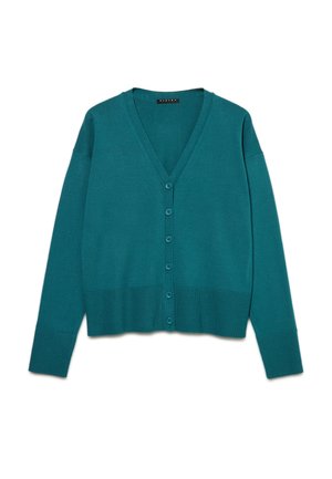 Cardigan bleu sarcelle boutonné avec manches longues et col en V, présenté à plat sur fond blanc.