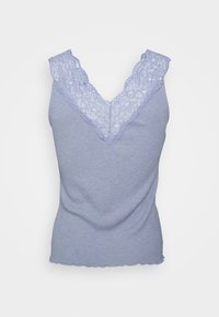 Light blue tank top with a v-neckline, featuring a floral lace trim along the neckline and a scalloped hem. Soft ribbed texture.