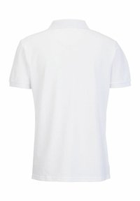 Witte polo met een klassieke kraag, korte mouwen en een gladde textuur. Geen zichtbare logo's of patronen op de achterkant.