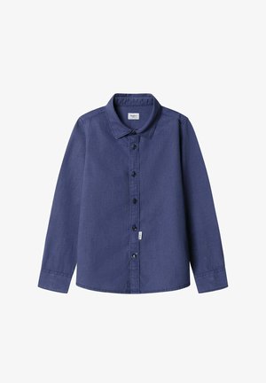 Marineblaue Langarmshirt mit Kentkragen, einer Knopfleiste vorne und einem kleinen Markenlabel am unteren Saum. Aus Baumwollmaterial.