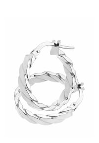 Srebrni uhojki v obliki obroča z prepletenim vzorcem in sijajnim zaključkom. Oblika vključuje zaponko in krožni videz.