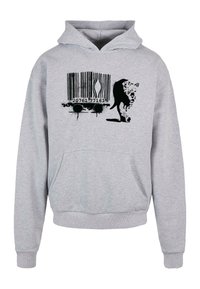 Grå bomulds hoodie med et sort grafisk design, der har en stregkode og en stiliseret silhuet på forsiden. Kængurulomme ved taljen.