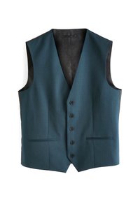 Dunkelblauer formeller Weste mit fünf vorderen Knöpfen und zwei paspelierten Taschen, schwarzes Innenfutter mit subtiler Musterung.