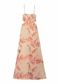 Vestido maxi sin mangas en beige con tirantes finos y un corte en la cintura, decorado con un estampado de hojas tropicales en tonos rosa y naranja.