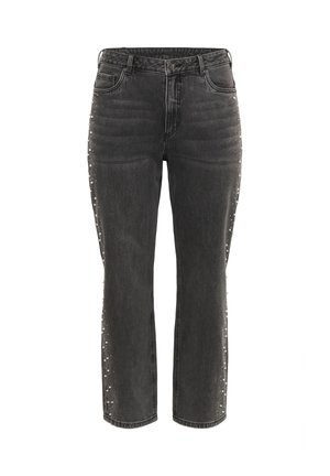 Jeans negri cu talie înaltă, drepți, cu nasture metalic, buzunare frontale și mici tăieturi argintii pe cusăturile exterioare.
