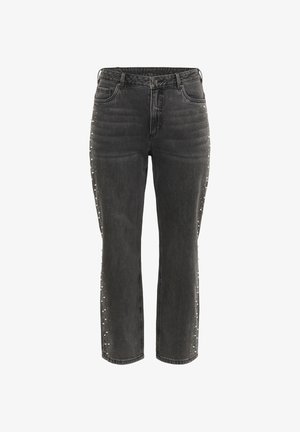 Black high-waist straight jeans with metal button, front pockets, and small silver studs along the outer side seams.